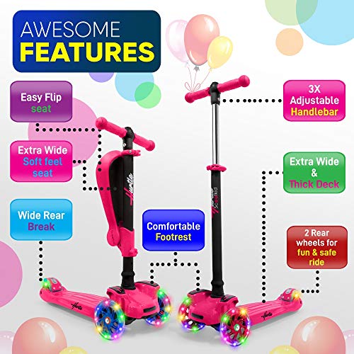 Kids Scooter - Child Toddler Kick Scooter Toy with Foldable Seat - 3 Wheel Scooter with Adjustable Height, Anti-Slip Deck, Flashing Wheel Lights, for Boys/Girls 1-12 Year Old, Pink