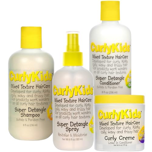 Textured Hair Care Set with Hair Detangler Spray, Kids Shampoo, Conditioner & Creme for Curly, Frizzy, & Wavy Hair | Sulfate & Paraben-Free Formula to Detangle, Hydrate, and Revitalize Curls