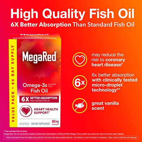 MegaRed Advanced 6X Absorption Softgels - Omega-3 Fish Oil Supplement 800mg (80 Count in A Box), EPA, DHA, Fish Oil, Supports Heart Brain Joints & Eyes