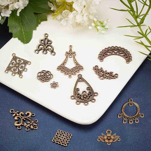 SUNNYCLUE 1 Box 72Pcs 12 Styles Filigree Connector Charms Flower Alloy Hollow Links Teardrop Square Oval Moon Shape Filigree Metal Embellishments for Crafts Supplies, Antique Bronze
