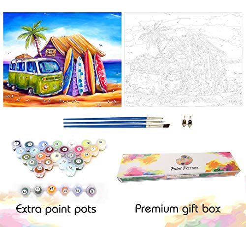 Paint by Numbers for Adults – Beautiful Special Edition Box Set, Artist Endorsed, Rolled Wrinkle-Free Canvas, 16x20 inch – Greenie (Surf Shack on Beach)
