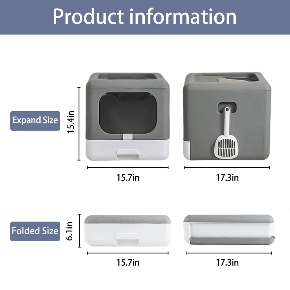 Top Entry Foldable Cat Litter Box with Lid, Plastic Scoop,Extra Large Space,Drawer Structure,Closed Smell Proof Anti-Splashing,Split Type for Easy Cleaning (New Grey)