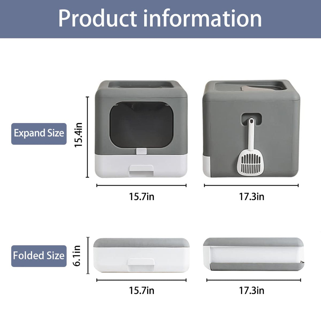 Top Entry Foldable Cat Litter Box with Lid, Plastic Scoop,Extra Large Space,Drawer Structure,Closed Smell Proof Anti-Splashing,Split Type for Easy Cleaning (New Grey)