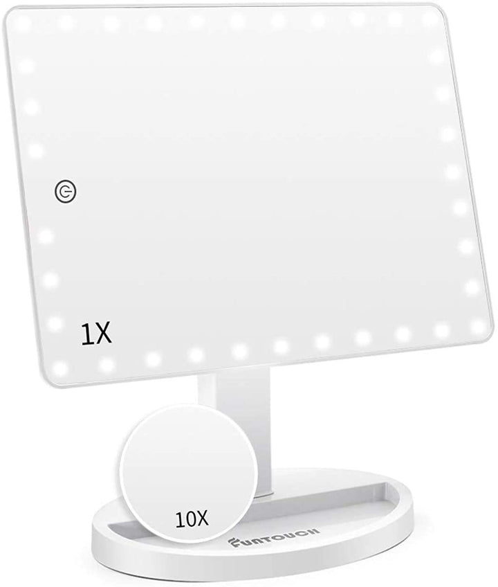 Large Lighted Vanity Makeup Mirror (X-Large) with 35 LED Lights, Touch Screen Dimmable and 10X Magnification Dual Power Supply 360°Rotation Tabletop Cosmetic Mirror