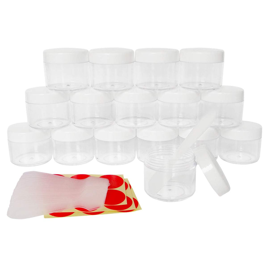 16pack 20g Empty Sample Jars, 20ml Small Plastic Refillable Cosmetic Container for Makeup Eyeshadow Jewelry Cream Slime Bath Lotions Oils, Clear Round Pot w/ WHITE Lid, Free Spatulas +Label