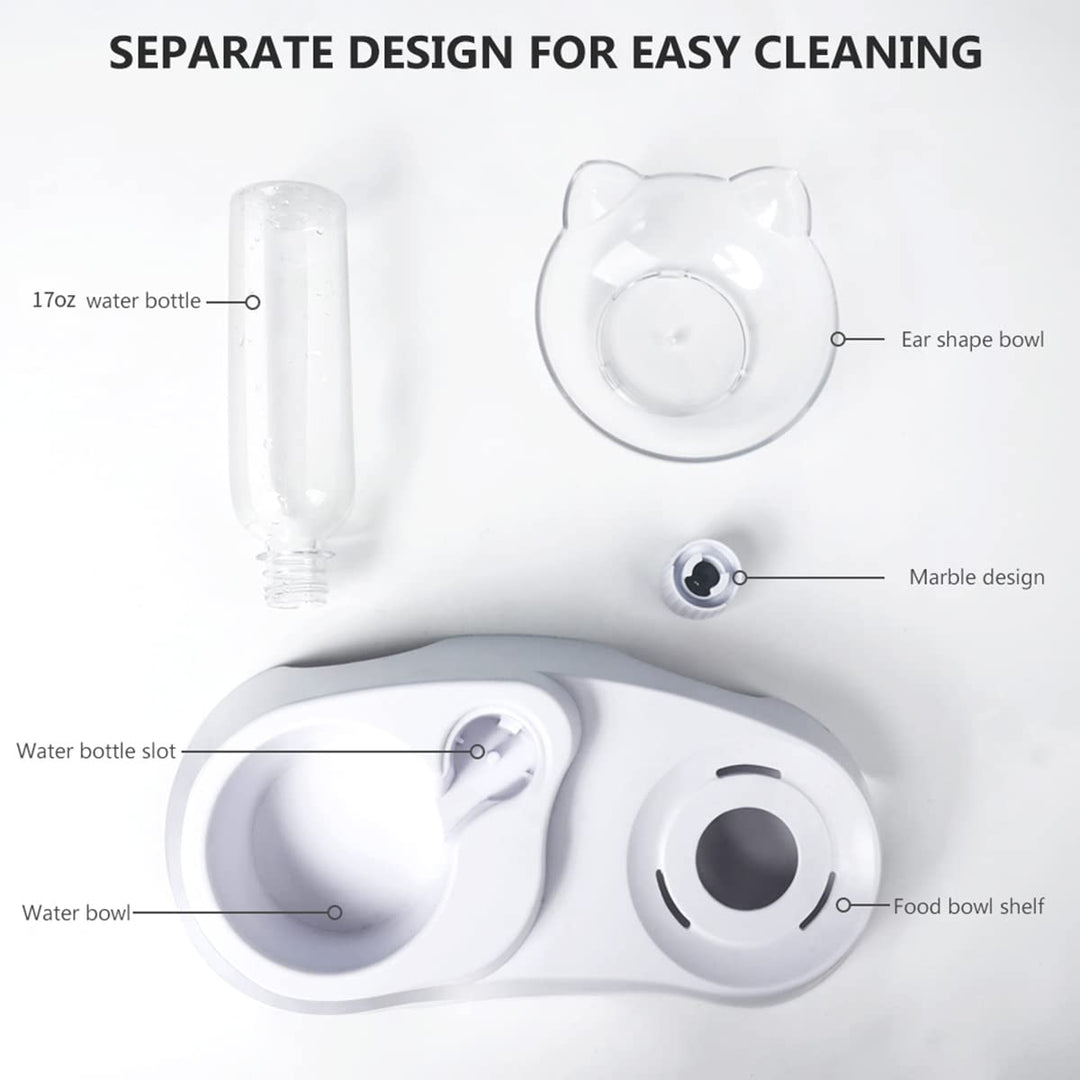 Double Dog Cat Bowls - Pets Water and Food Bowl Set, 15°Tilted Water and Food Bowl Set with Automatic Waterer Bottle for Small or Medium Size Dogs Cats