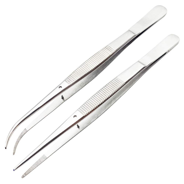 Stainless Steel Tweezer with Precision Serrated Tips and Positioning Straight and Curved Tweezers for Cooking Repairing Surgical Medical Beauty - 6.3 Inch 2PCS