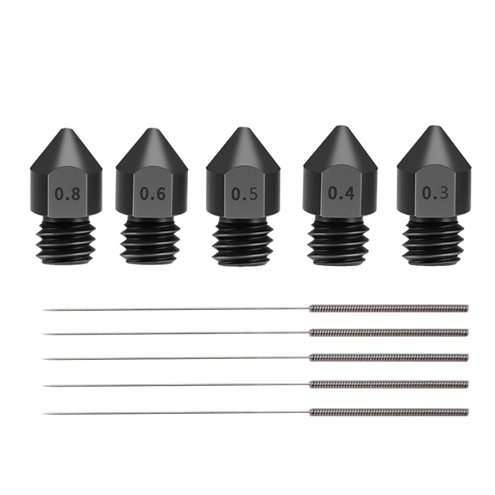 Hardened Steel Nozzle MK8 High Temperature Wear Resistant Nozzle 3D Printer Nozzles 0.3 0.4 0.5 0.6 0.8mm M6 Thread 1.75MM Filament for Ender 3 Ender-3 pro CR10 (5pcs Pack)