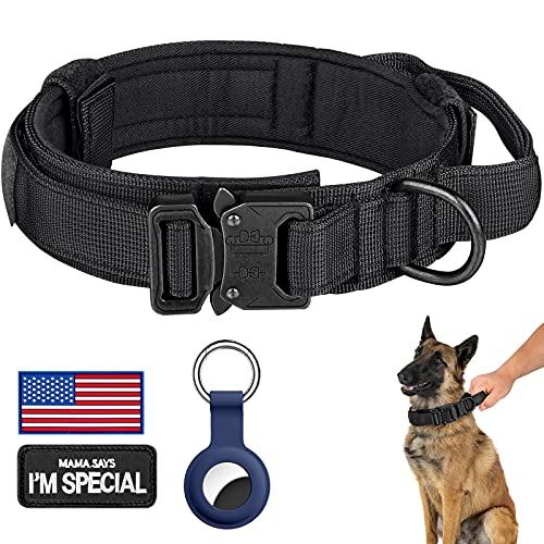 Tactical Dog Collar, Adjustable Military Training Nylon Dog Collar with Control Handle and Heavy Metal Buckle for Medium and Large Dogs, with Patches and Airtags Case (L, Black)
