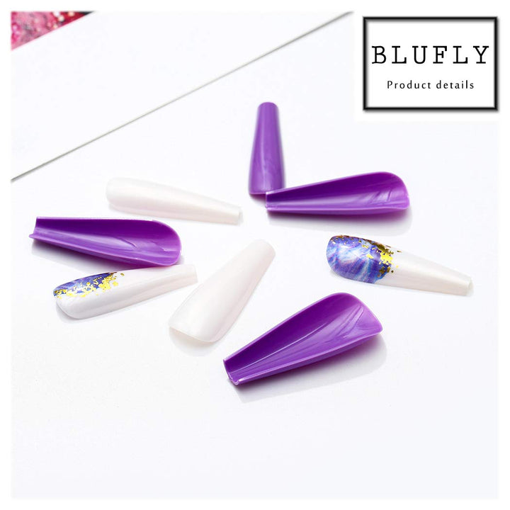 Glossy Extra Long Press on Nails Rainbow Square Coffin Fake Nails Watercolor Geometric Art Acrylic False Nails Tips for Women and Girls (Purple)