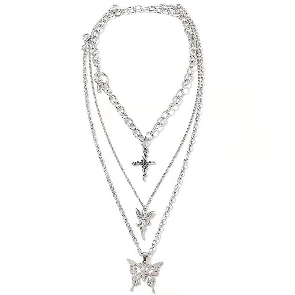 Dainty Punk Layering Chunky Chain Choker Toggle Necklace Boho Jewelry Set Layered Butterfly Cross Angel Pendant Statement Necklace Festival Statement Necklace for Women Man