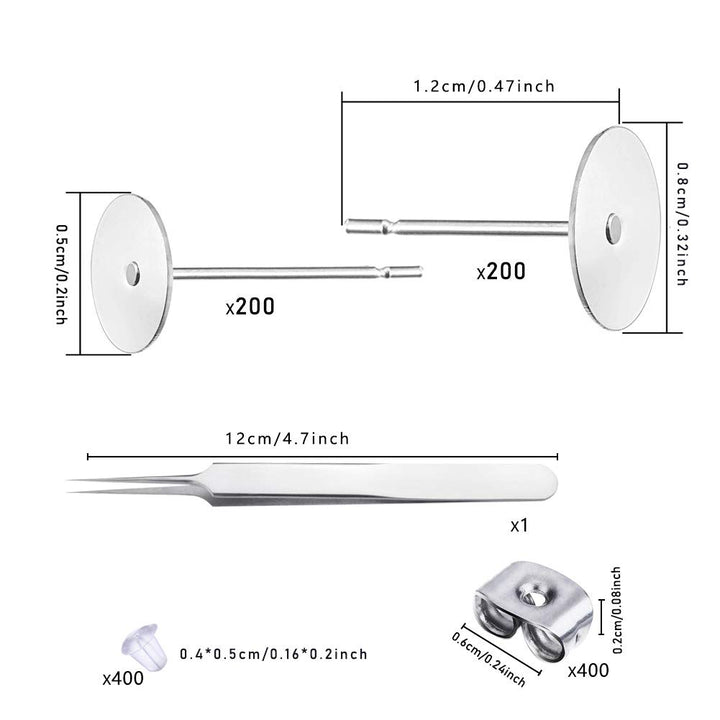 1200PCS 5MM 8MM Hypoallergenic Stainless Steel Earrings Posts Flat Pad Blank Earring Pin Studs with Butterfly Earring Backs and Silicone Bullet Earring Backs for Jewelry Making Findings