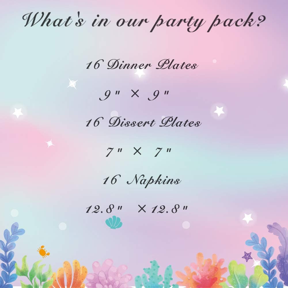 Magical Rainbow Mermaid Party Supplies Set - Mermaid Plates and Napkins Disposable Paper Dinner Dessert Cake Plates Birthday Baby Shower Pool Summer Party Serves 16 Guests 48PCS