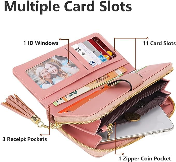 RFID Wallets for Women with Multiple Card Slots and Cellphone Compartment, Womens Wallet (pink/white/grey)