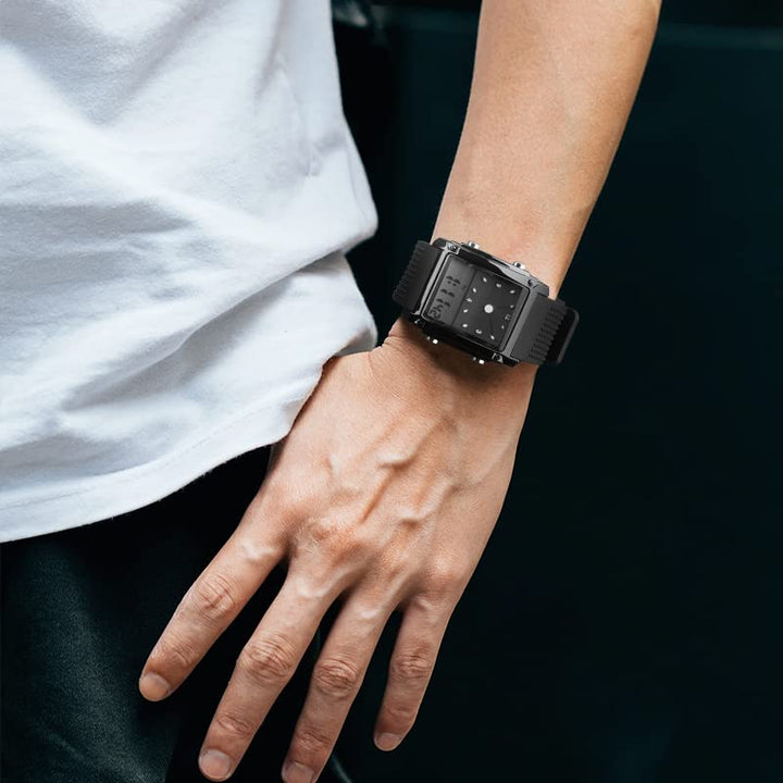 Men&#39;s Rectangle Dial Sports Wrist Watches with 7 Colors Optional LED Backlight Multifunctional Alarm Stopwatch 12/24H Rubber Strap Watch