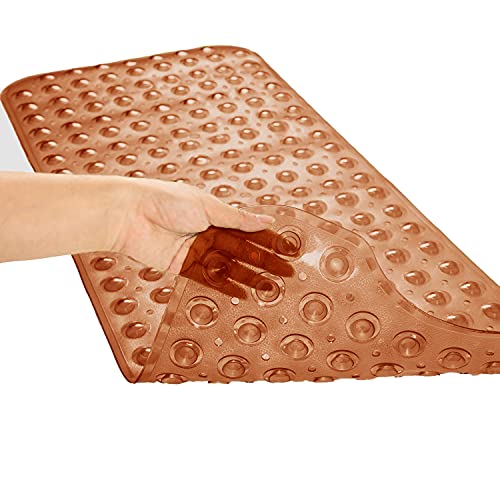 Bathtub Mats for Shower Tub Extra Long Non-Slip Bath Mat, 39 x 16 Inch Shower Mat with Drain Holes and Suction Cups, Bath Tub Mat for Bathroom with Machine Washable (Clear Brown)