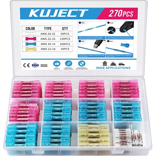 270PCS Heat Shrink Butt Connectors, Insulated Waterproof Wire Connector kit, Tinned Copper Electrical Crimp Connectors for Automotive Marine Boat Truck Stereo Joint