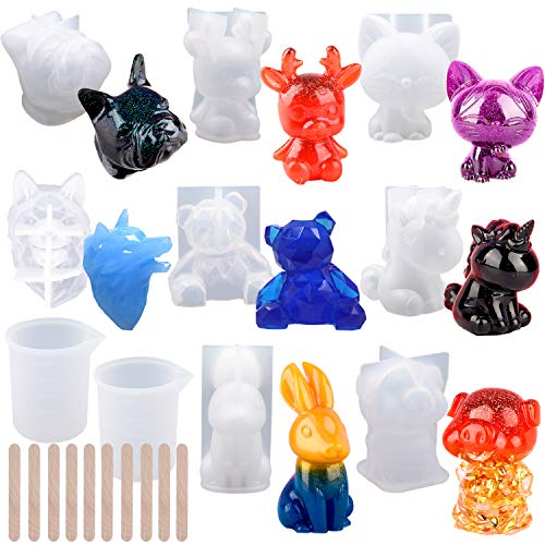 20Pcs 3D Animal Resin Molds Tools Set includes 8 Resin Casting Molds Large Clear Epoxy Silicone Molds 2 Measurement Cup 10 Wood Sticks for Resin Craft DIY