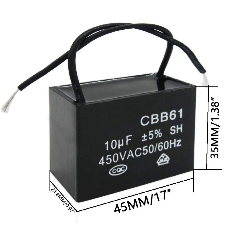 /2Pcs 450V AC 50/60Hz Run Capacitor 2-Wire Metallized Polypropylene Film Capacitors for Ceiling Fan Motor Start Run 10uf CBB61-10