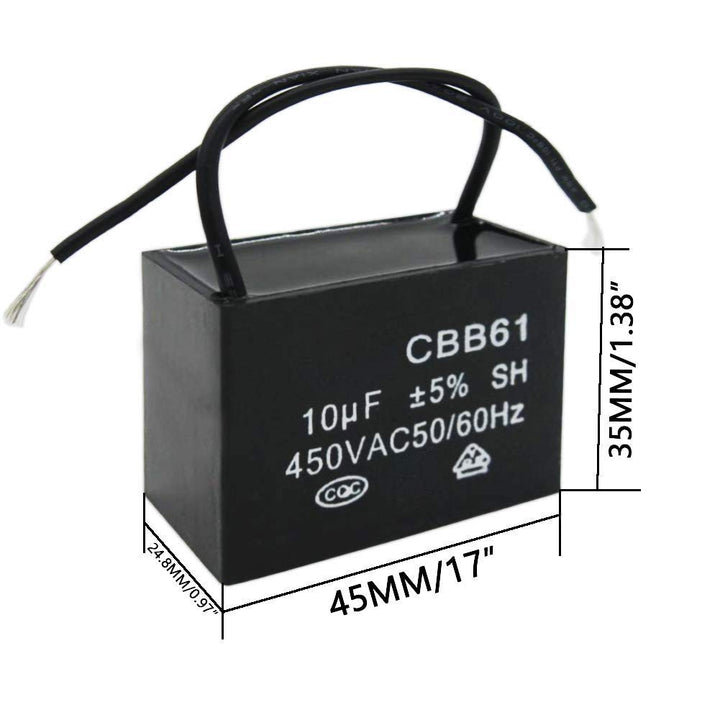 /2Pcs 450V AC 50/60Hz Run Capacitor 2-Wire Metallized Polypropylene Film Capacitors for Ceiling Fan Motor Start Run 10uf CBB61-10