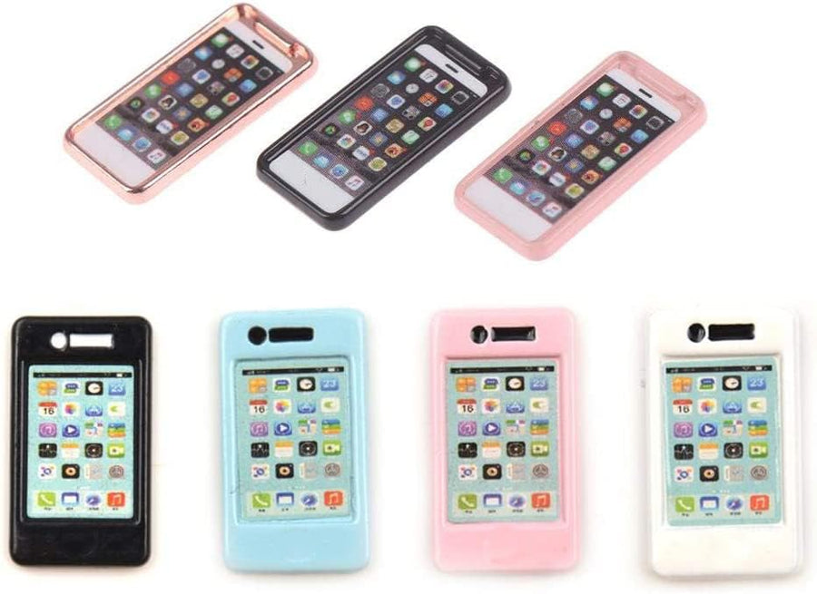7Pcs Dollhouse Mini Mobiles Phones Scene Miniatures Cell Phones Metal Simulation Cellular Phone Doll Phones Telephones Model Play Scene DIY 1/12 1/6 Scale Dolls House Decor Kid Pretend Toys