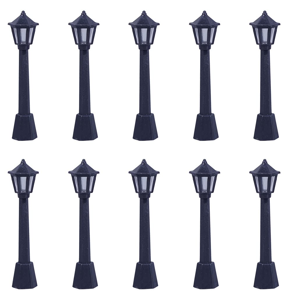 Dong Huang 10pcs Mini Miniature Street Light Model, Railway Train Solar Lamp Post Lamps, Outdoor Pathway Lantern Post for Dollhouse Decoration Micro Landscape Fairy Garden Lighting Accessories, Black