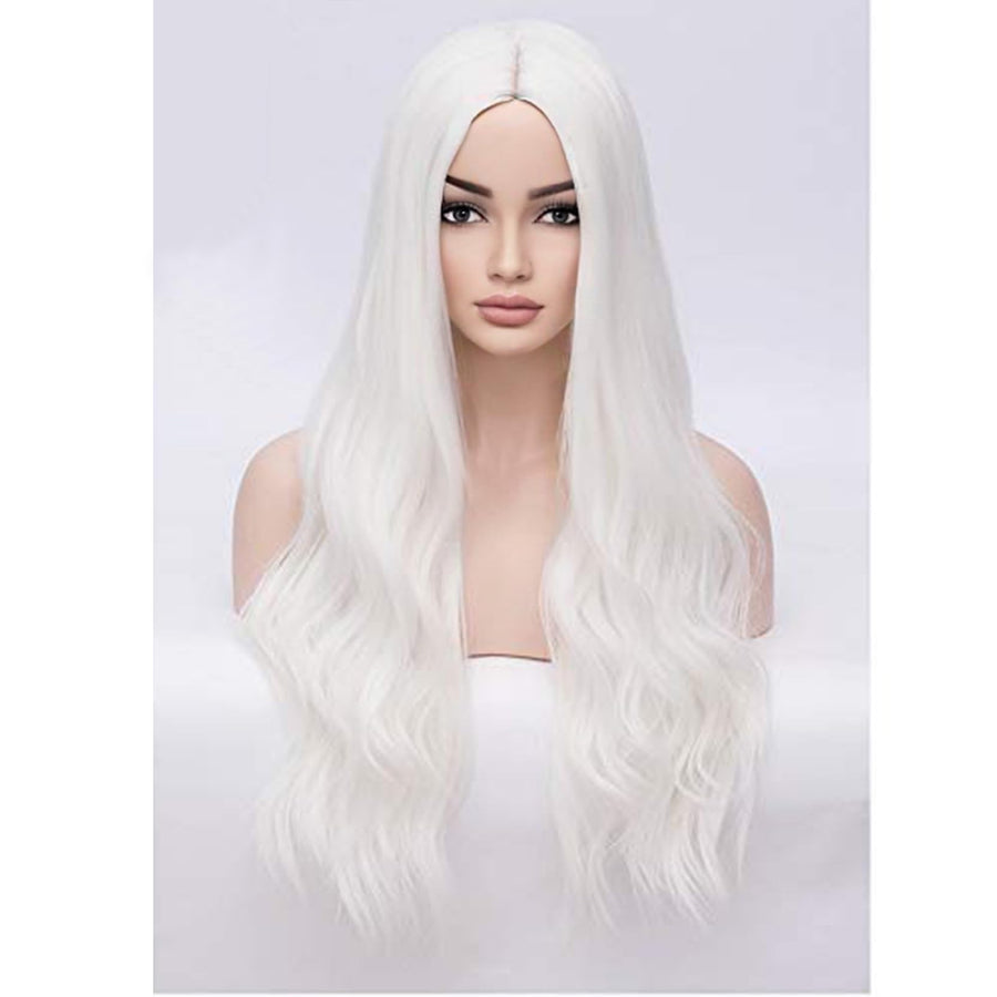 28' Women Girls Long Wavy Synthetic Wigs for Costume Play Party with Wig Cap (White)