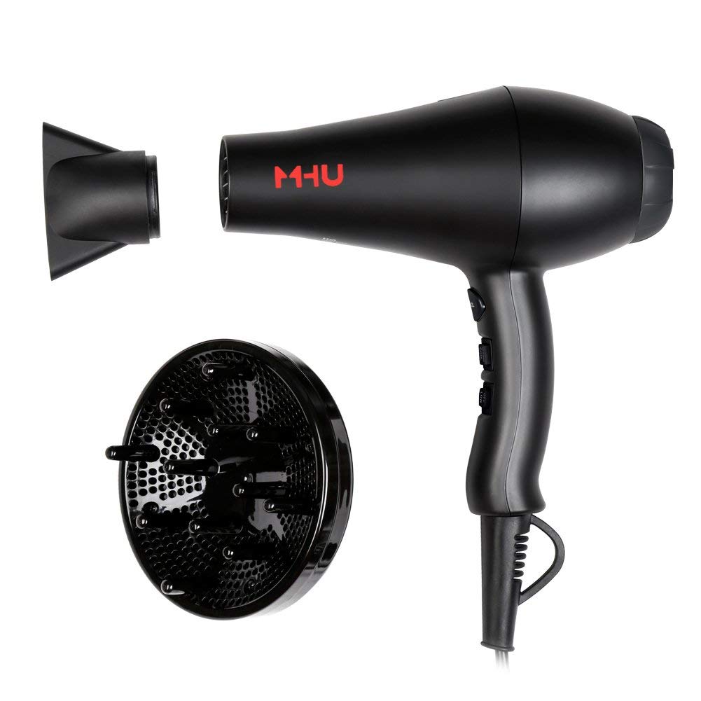Blow Dryer 1875W Professional Infrared Ionic Hair Dryer 2 Speed and 3 Heat Settings Fast Drying Plus One Concentrator And One Diffuser (Black)
