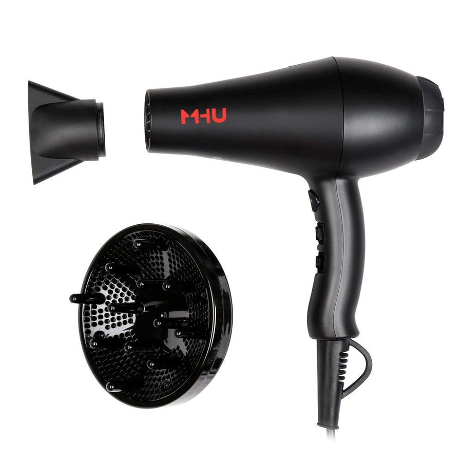 Blow Dryer 1875W Professional Infrared Ionic Hair Dryer 2 Speed and 3 Heat Settings Fast Drying Plus One Concentrator And One Diffuser (Black)