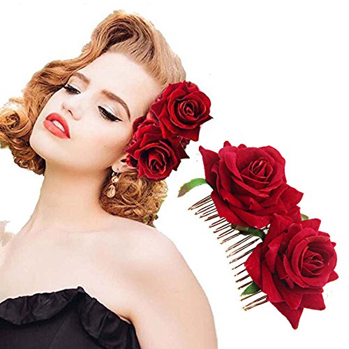 Rose Hair Clip Flowers Comb for Women Rose Flower Hairpin Hair Clips for Women Girls Burgundy Hair Accessories for Wedding Hair Side Comb for Brides Flower Hair Barrettes