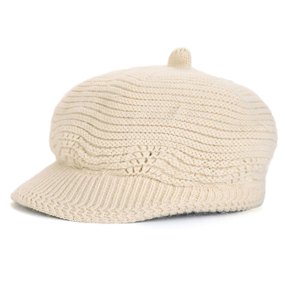 Women&#39;s Winter Hat Slouchy Cable Knit Visor Beanie Crochet Newsboy Beret Hats Warm Snow Ski Skull Cap with Brim Beige