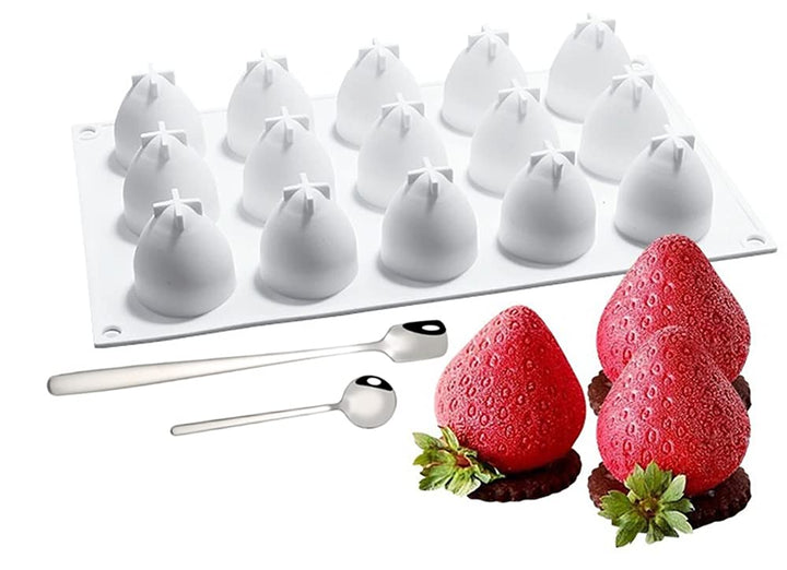 3D Big Strawberry Shaped Silicone Mold &amp; 2 Dessert Spoons,for Baking Creative Mousse Cake Topper Dessert Cup Decoration Chocolate Truffle Pastry Fruit Ice Cream Polymer, Resin Model Clay Soap; D10