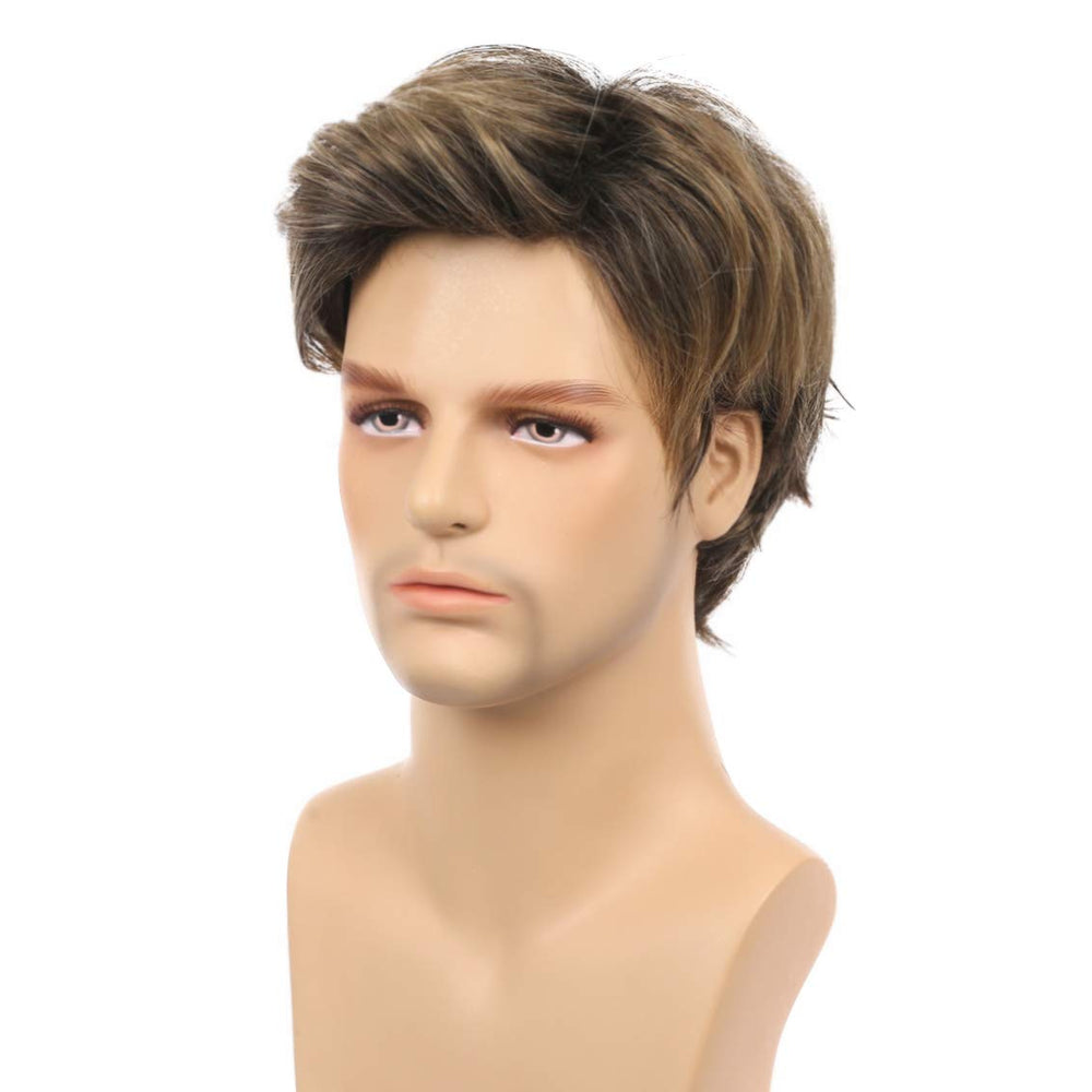 Mens Wigs Short Straight Brown mix Natural Synthetic Cosplay Hair Wigs for Male Guy