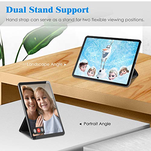 Universal Tablet Hand Strap Holder - [Dual Stand Supports] Detachable Padded Hook &amp; Loop Fastening Handle Grip with Adhesive Patch for iPad/Galaxy Tab and All 7-11 Tablets, Black