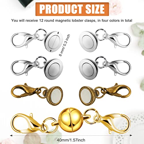 12 Pieces Magnetic Clasps Magnetic Jewelry Clasp Locking 4 Colors 8 mm Magnetic Necklace Clasp 8 mm Magnetic Closures Necklace Chain Clasp Bracelet Necklace Extenders for Jewelry Making DIY Supplies