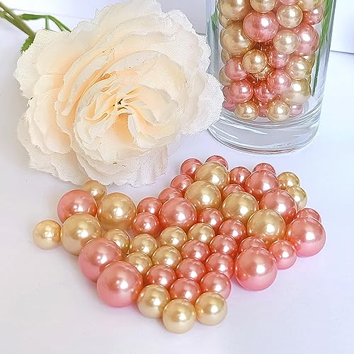 140 Pieces Floating Pearls for Vase Filler Gold Pink Pearl Beads No Hole Pearls Vase Pearls Makeup Beads for Brushes Holder, Home Wedding Decor 10/14mm(Gold and Pink)