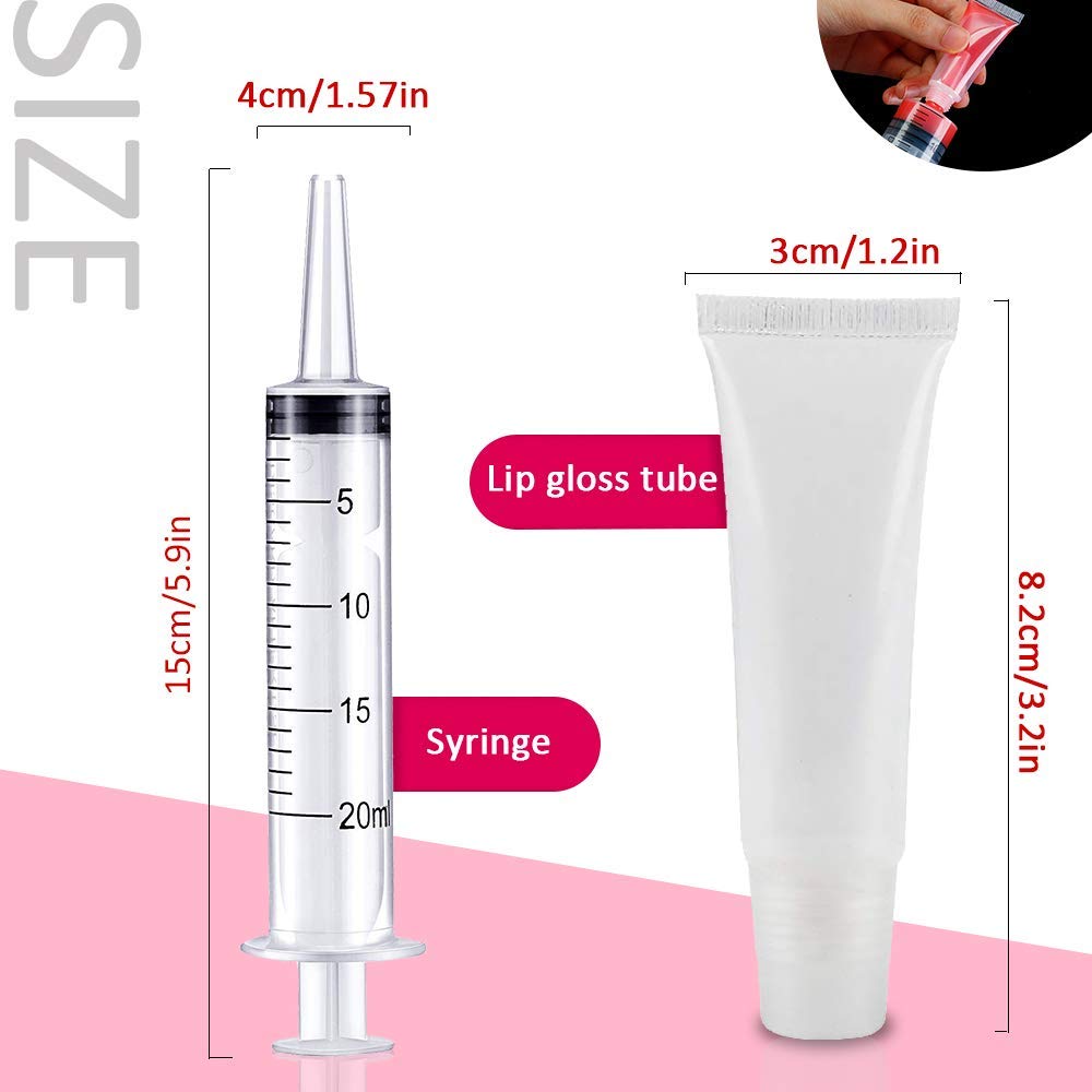 50PCS Lip Gloss Tubes 10ml Empty Lip Balm Containers Refillable Lipgloss Squeeze Tubes with 2 x 20ml Syringes 5pcs Organza Bags & Tag Labels Stickers for DIY Cosmetic