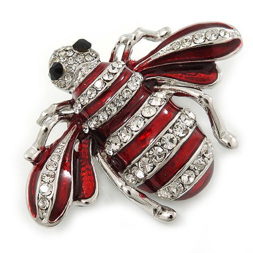 Cute Clear Crystal Burgundy Enamel &#39;Bee&#39; Brooch in Rhodium Plating - 5cm Width