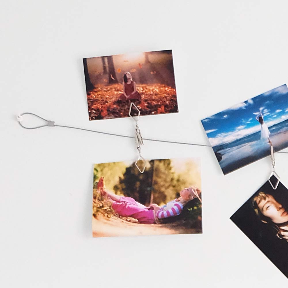 Multi-Purpose Steel Wall Hanging Photo Display Cable Wire Rod with 12 Adjustable Clips for Hanging Photos Notes Postcard and Artworks (Rhombus)