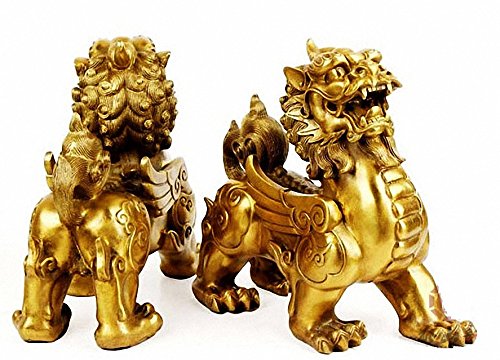 Feng Shui Set of Two Golden Brass Pi Yao/Pi Xiu Wealth Porsperity Figurine,Attract Wealth and Good Luck,Best Decoration for Office or Home