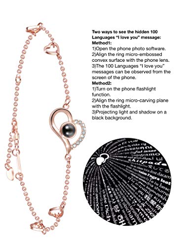 Women Love Heart Projection Bracelet or Anklet Jewelry, 925 Sterling Silver Memory of Love Bracelet or Anklet - 100 Different Languages for I Love You (Rose Gold Anklet/Large Bracelet)