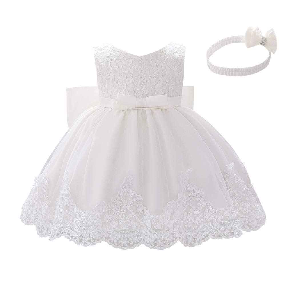 Baby Little Girls Formal Dress Lace Bowknot Baptism Embroidery Tulle Christmas Princess Pageant 1st Birthday Party Wedding Flower Girl Tutu Gown with Headwear White 6-9 Months