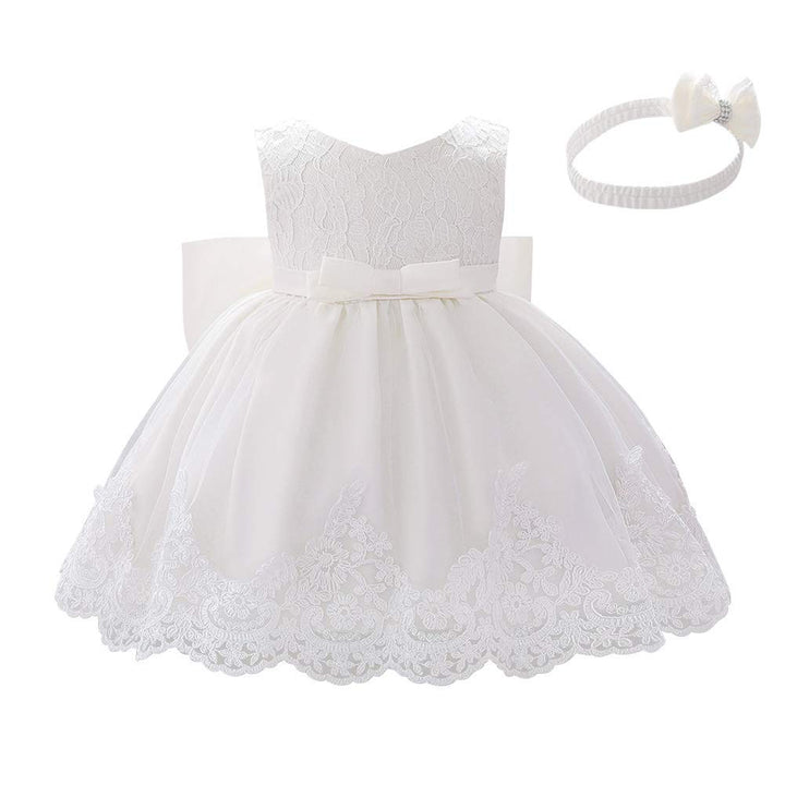 Baby Little Girls Formal Dress Lace Bowknot Baptism Embroidery Tulle Christmas Princess Pageant 1st Birthday Party Wedding Flower Girl Tutu Gown with Headwear White 6-9 Months