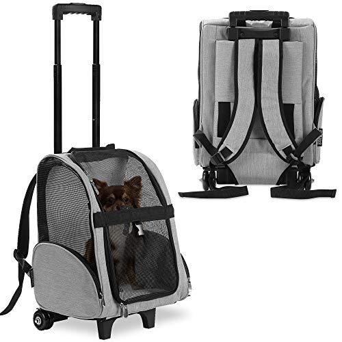 Deluxe Backpack Pet Travel Carrier with Double Wheels for Pets up to 10 Pounds - Black - Approved by Most Airlines