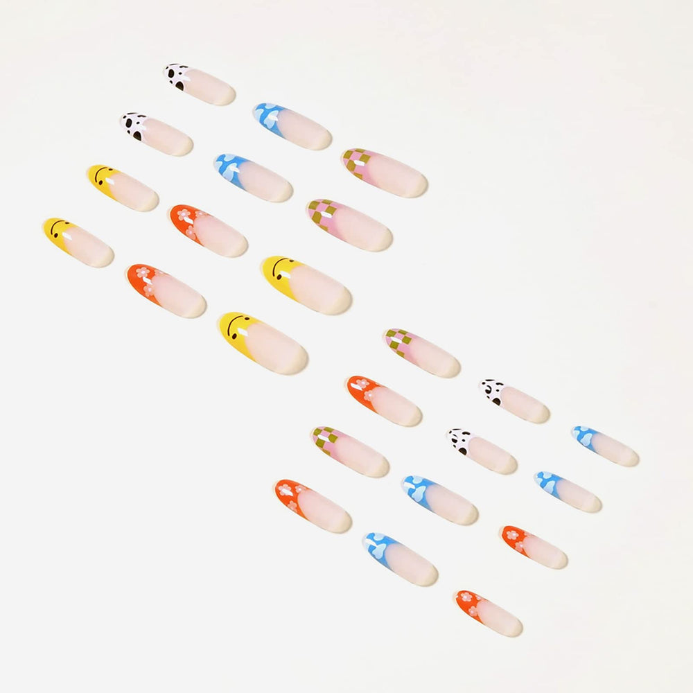 24 Pcs Press on Nails Medium Length, Fake Nails Almond Glue on Nails, Stiletto False Nails with Glue, Acrylic Nails for Women and Girls (Colorful Stiletto)