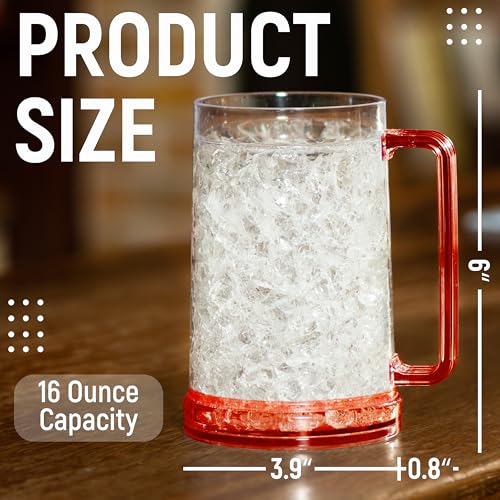 Beer Mugs with Gel Freezer 16 oz, Clear Double Walled Beer Mugs with Handles Set Of 4