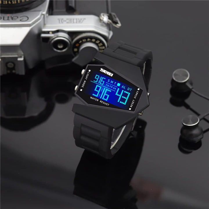 Men Sports Military Watches 5 ATM Digital Airplane Shaped Fashion LED Colorful Light Men Watch (Black)