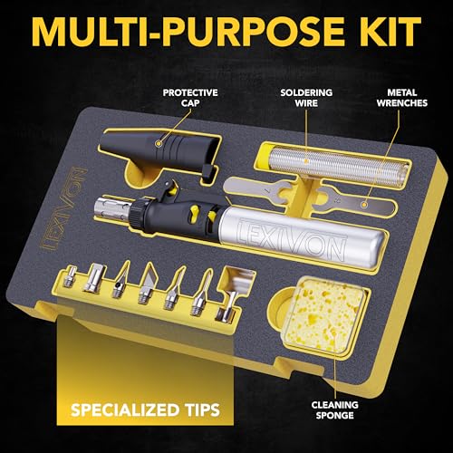 Butane Soldering Iron Multi-Purpose Kit | Cordless Self-Igniting Adjustable Flame 7-Tip Set | Pro-Grade (LX-770)