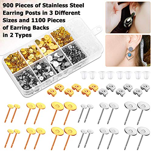 Hypoallergenic Earring Posts and Backs, 2000pcs Stud Earring Making Kit with Earring Base and Earring Backs for Leather Stud, Clay, Pearl Jewelry Making (Gold &amp; Silver)