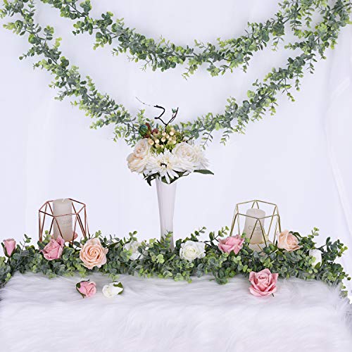 Faux Eucalyptus Garland Plant, 2 Pack Artificial Vines Hanging Eucalyptus Leaves Greenery Garland for Wedding Backdrop Arch Wall Decor, 6 Feet/pcs UV Protected Indoor Outdoor